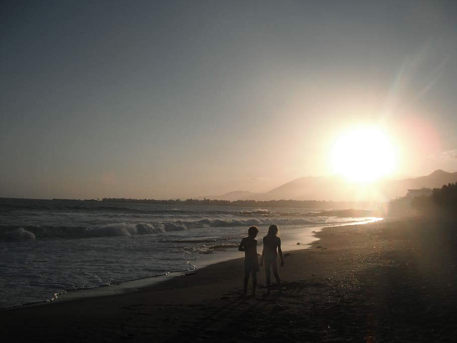 Children, Sea, Wave, Sunset, summer, beach, abendstimmung, harmony HD wallpaper