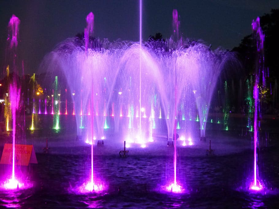 fountain, water, light, laser, preview, flowing water, stream of water HD wallpaper