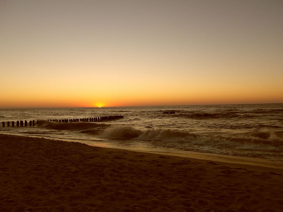 sea, west, the waves, water, sky, beach, sunset, land, horizon HD wallpaper