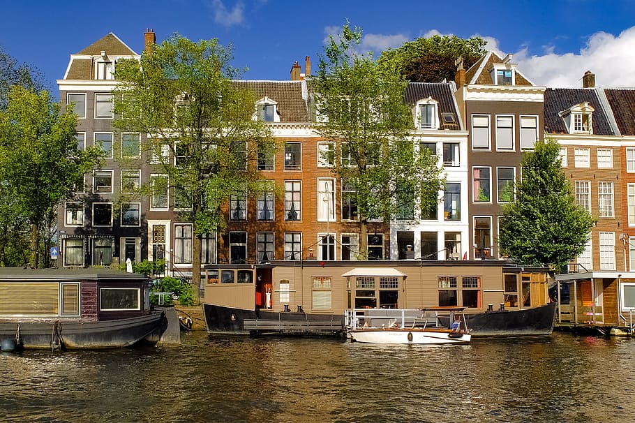 cityscape, amsterdam, house, building, barge, houseboat, ship
