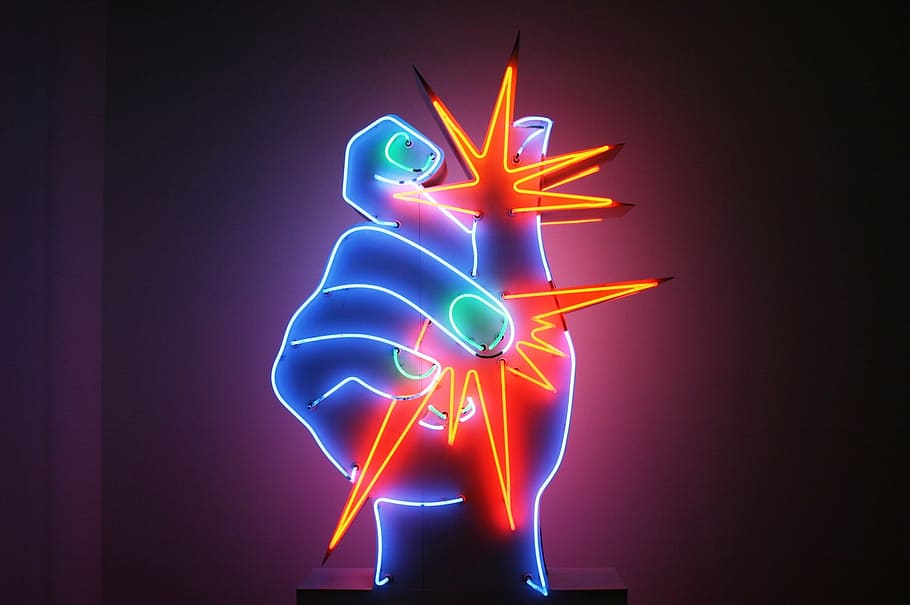 orange and blue neon light table decor, raysse, modern art HD wallpaper