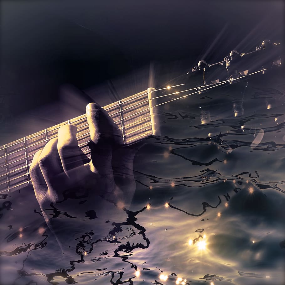 person playing guitar, cd cover, water, light reflections, fantastic