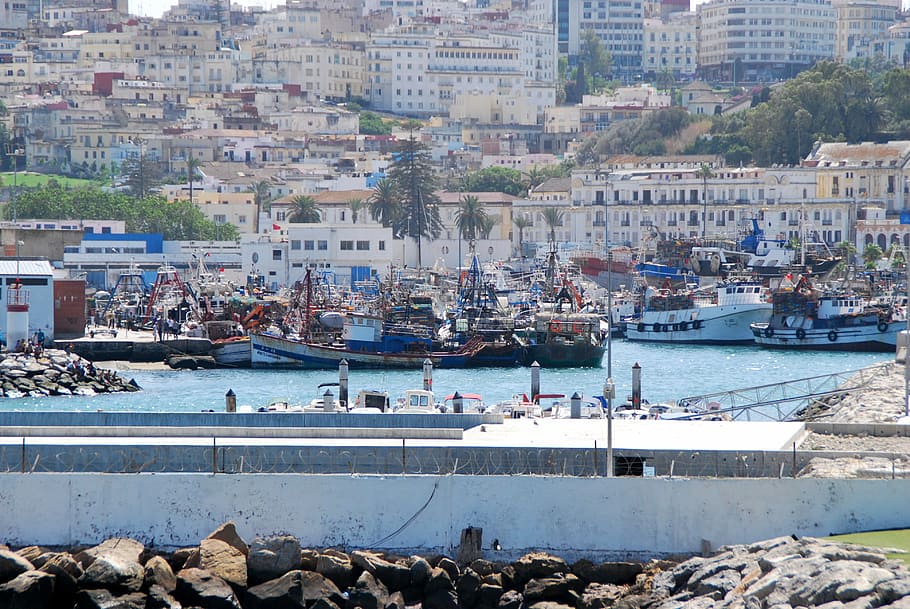 tanger, morocco, ships, fishing boats, panorama, city, sea, HD wallpaper