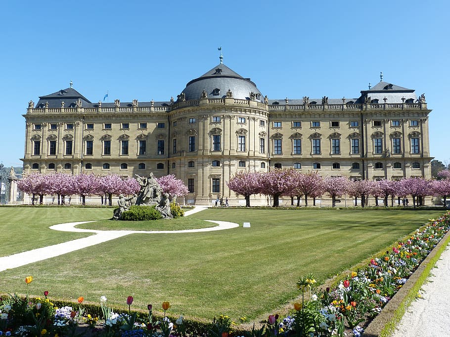 gray stone mansion with cherry orchard during day, würzburg, HD wallpaper