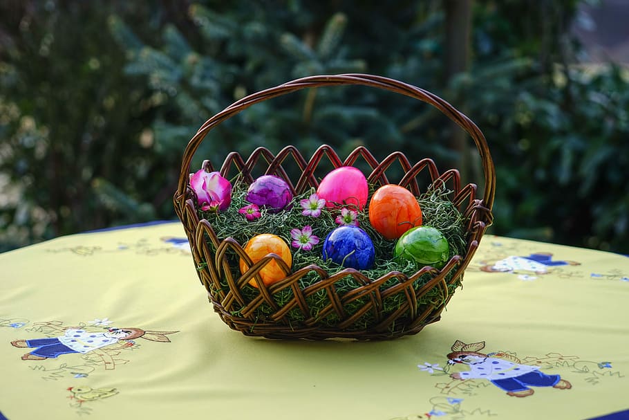 easter eggs on basket, osterkorb, colorful eggs, colored, purple, HD wallpaper