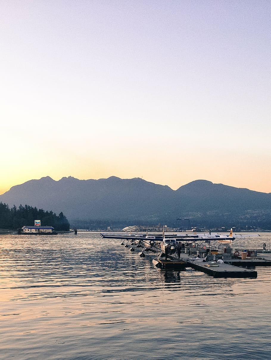 boat, clouds, dawn, daylight, dock, float plane, harbor, harbour HD wallpaper