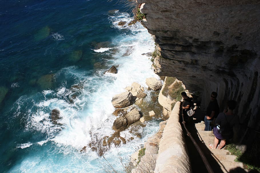 Corsica, Bonifacio, France, Rock, Sea, stairs, water, day, nature, HD wallpaper