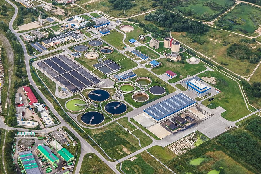 aerial photo of concrete buildings, treatment plant wastewater