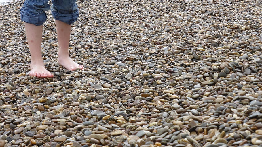 person standing on rock shore, barefoot, pebble, toes, wet, stones, HD wallpaper