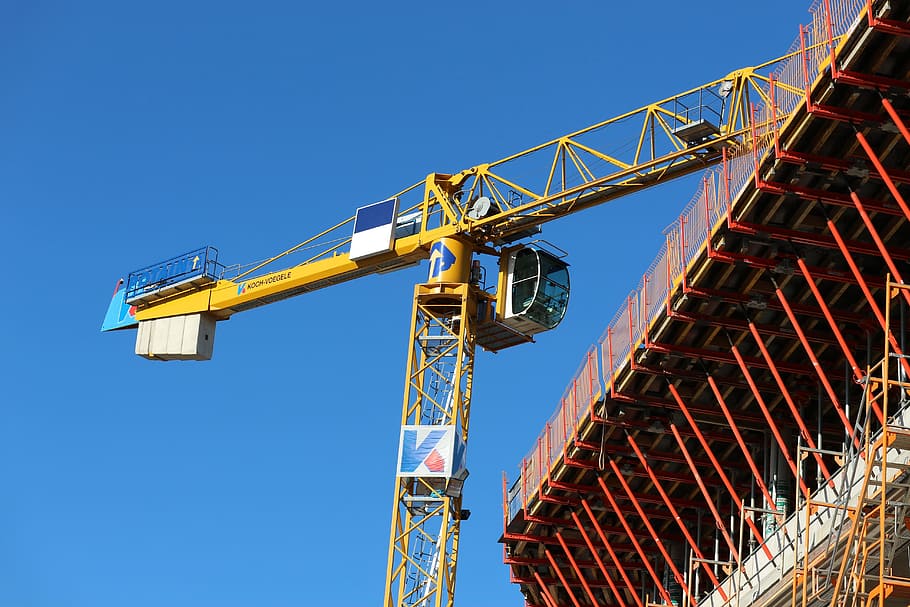 yellow crane tower, baukran, technology, scaffolding, construction HD wallpaper