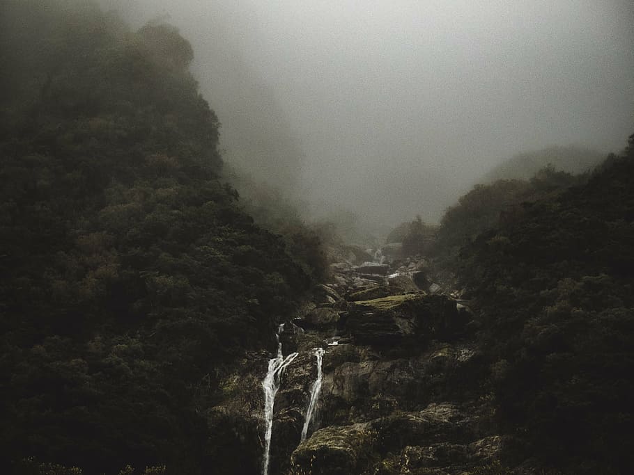 green mountain with waterfalls covered with fog, rocks, hill HD wallpaper