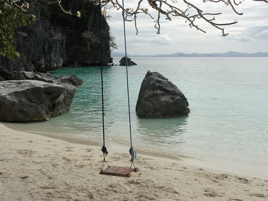 brown wooden swing near body of water, nature, peace, calm HD wallpaper