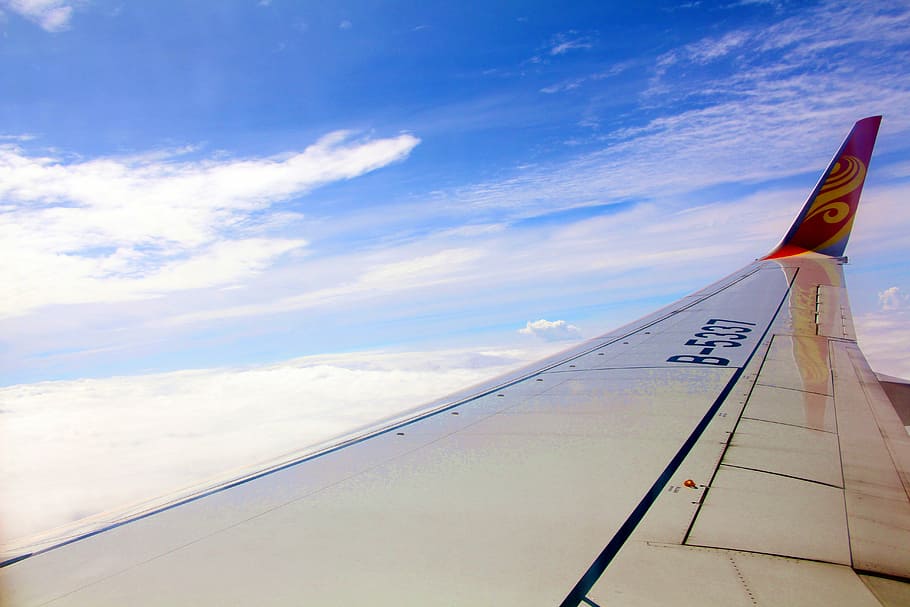 aircraft, wing, blue sky, airplane, air vehicle, mode of transportation HD wallpaper