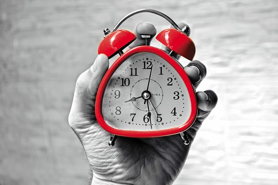 selective color of red alarm clock, Time, Destination, Hour, whatch, HD wallpaper