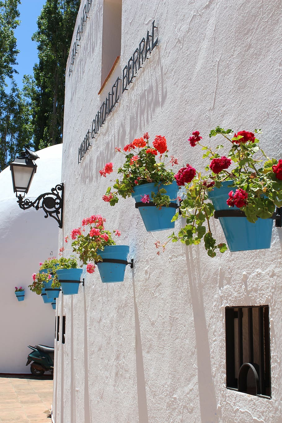 flowers, blue, white, pots, spain, spanish, natural, summer HD wallpaper