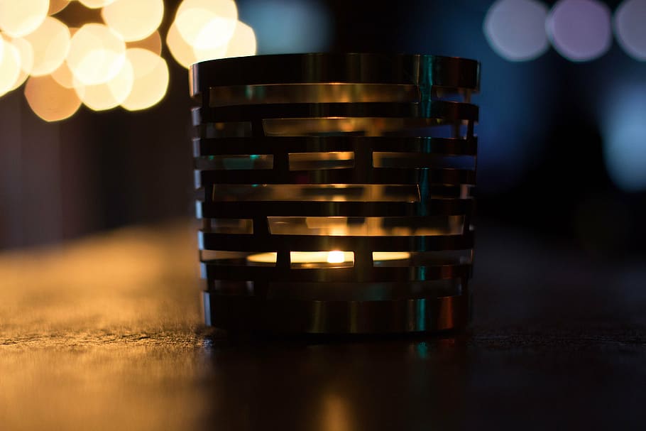 macro shot photography of gray steel candle holder, light, night HD wallpaper