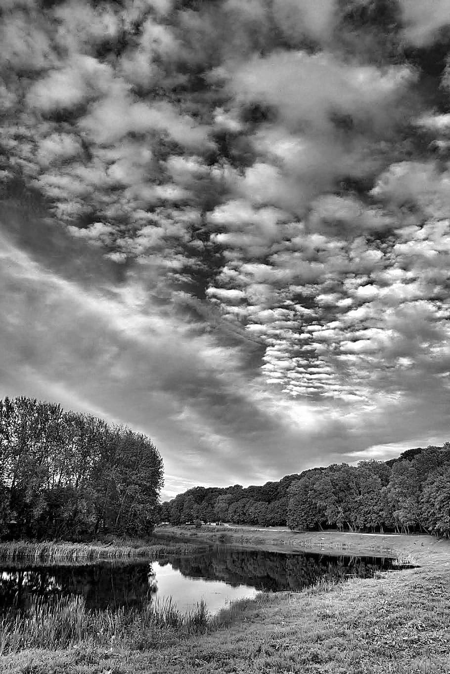 river, sky, landscape, view, b w, reflections, water, cloudy HD wallpaper