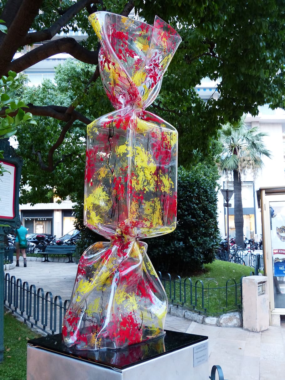 artwork, plastic, candy, red, yellow, monte carlo, monaco, modern art HD wallpaper