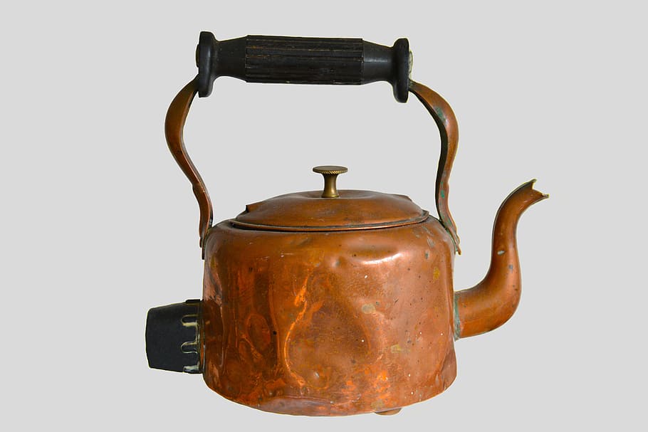 antique brass-colored kettle, copper kettle, metal, old, kitchen