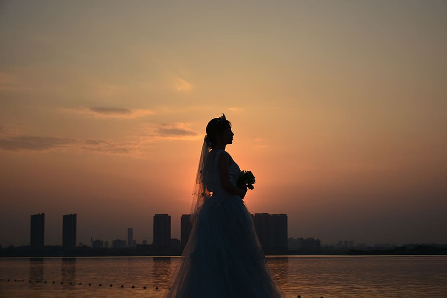 bride, sunset, yao lake, sky, orange color, architecture, water HD wallpaper