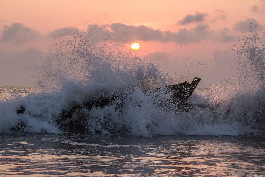 sunset, water, wave, landscape, sea, motion, sky, nature, splashing HD wallpaper