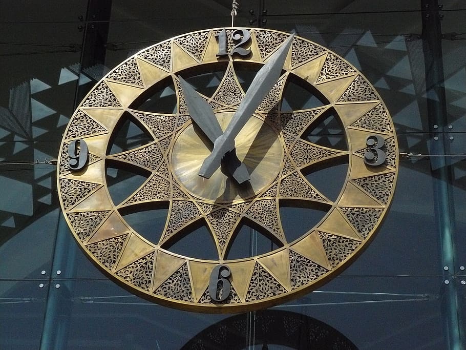 round brown and gray analog clock, time of, pointer, mechanics HD wallpaper