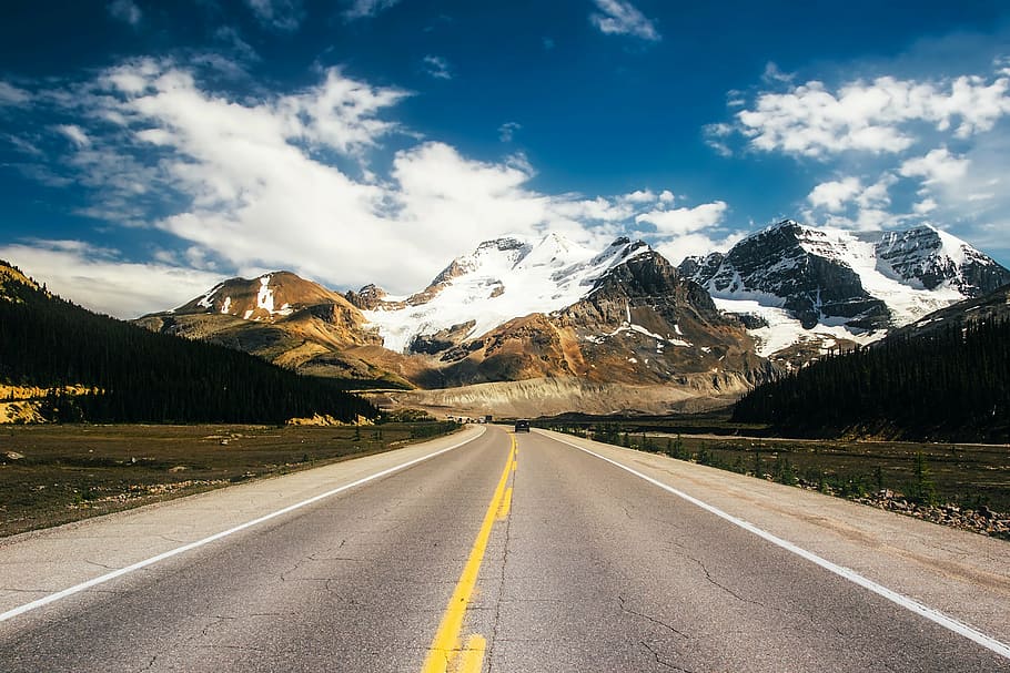 concrete road between green grass, icefields parkway, canada, HD wallpaper