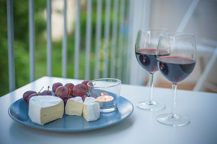 wine glasses beside plate, Cheese, Summer, wineglass, red wine HD wallpaper