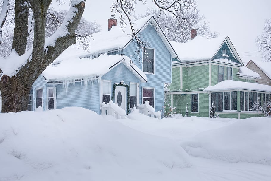 two green and blue house covered with snow during winter, homes, HD wallpaper