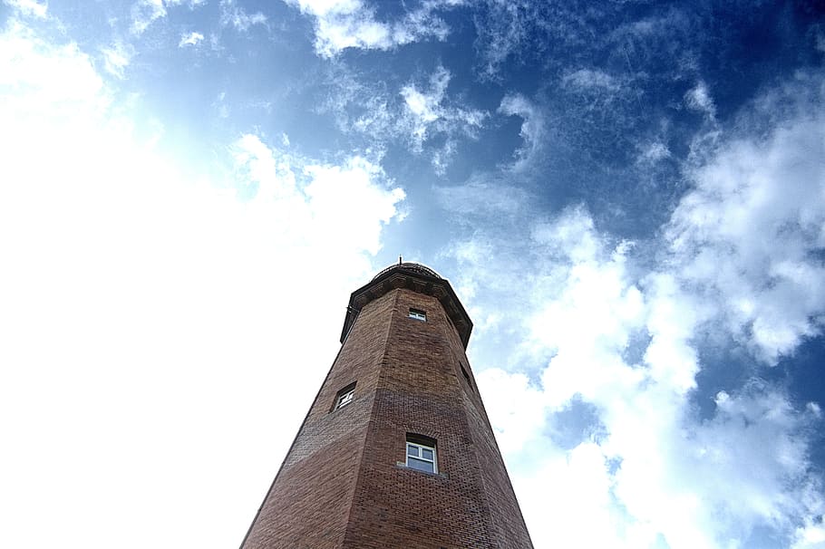 lighthouse, sky, clouds, nature, sea, lake, sun, low angle view HD wallpaper