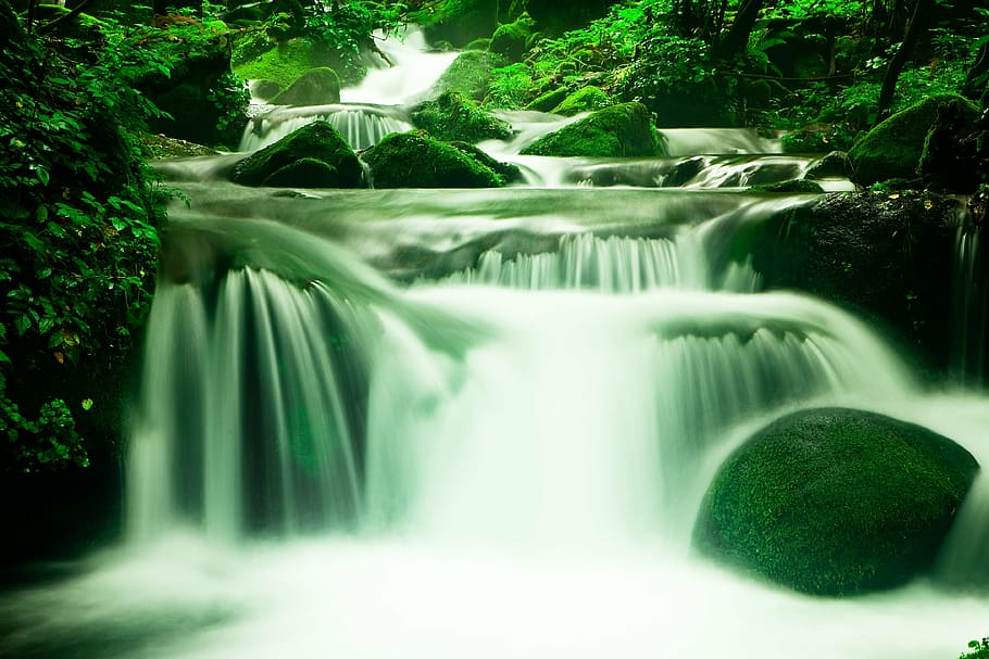 waterfall near trees, nature, forest, valley, rock, landscape HD wallpaper
