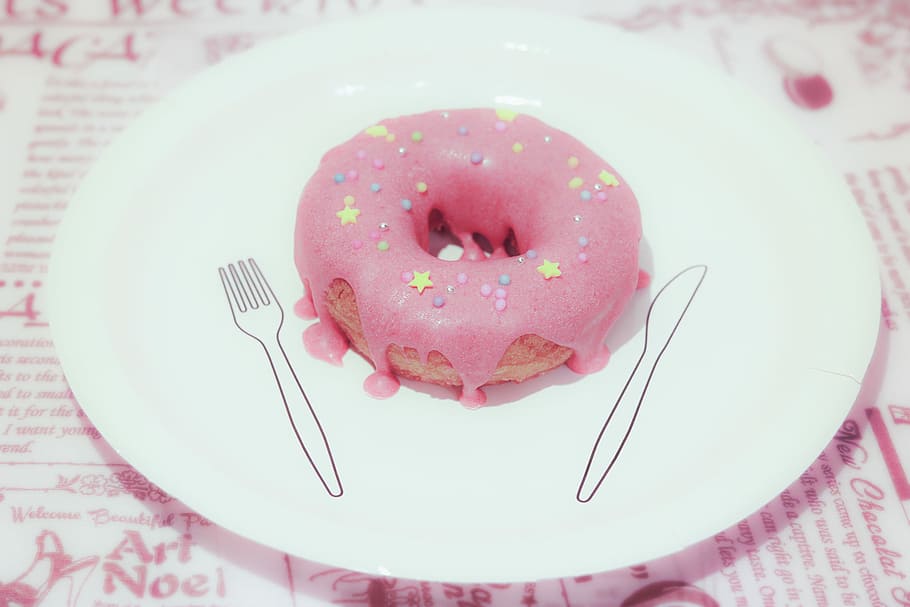 pink coated doughnut on white plate, dessert, food, cake, donut HD wallpaper