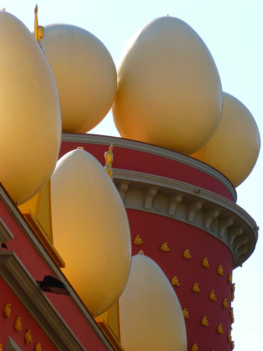 egg, ball, figure, building, red, dalí, museum, figueras, spain HD wallpaper