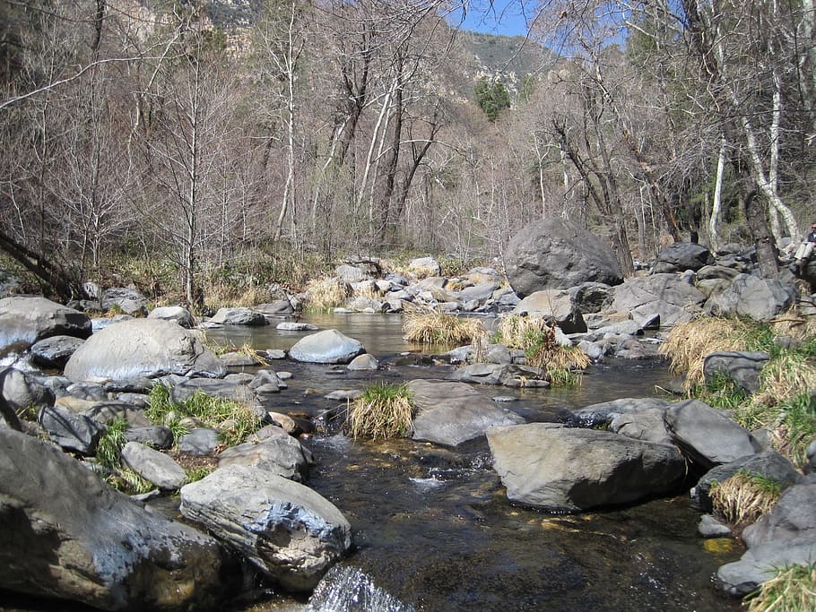 water, river, stream, creek, landscape, nature, flow, rock HD wallpaper