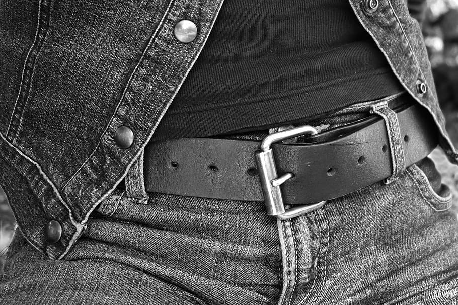 greyscale photo of wearing denim bottoms, person, woman, body