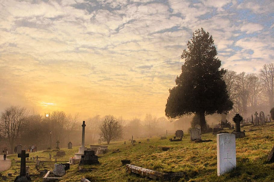 Cemetery Under the Cloudy Sky, clouds, creepy, dawn, daylight HD wallpaper