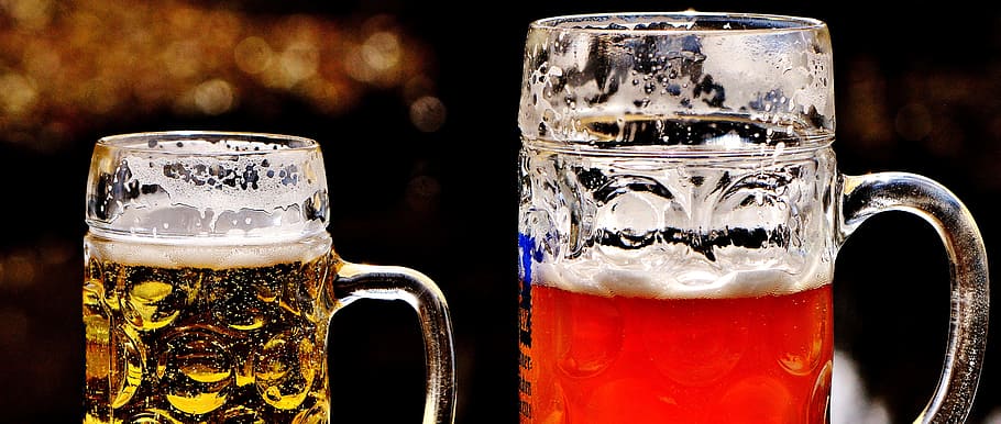 two clear glass beer mugs filled with beverages, Beer Garden, HD wallpaper