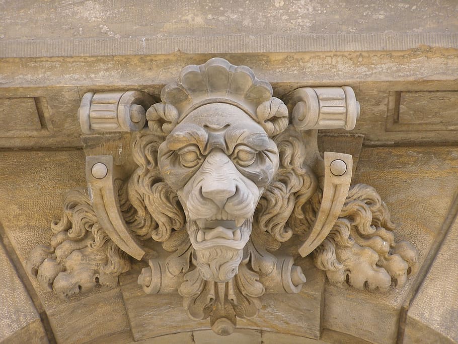lion head, keystone, archway, castle, art and craft, representation, HD wallpaper