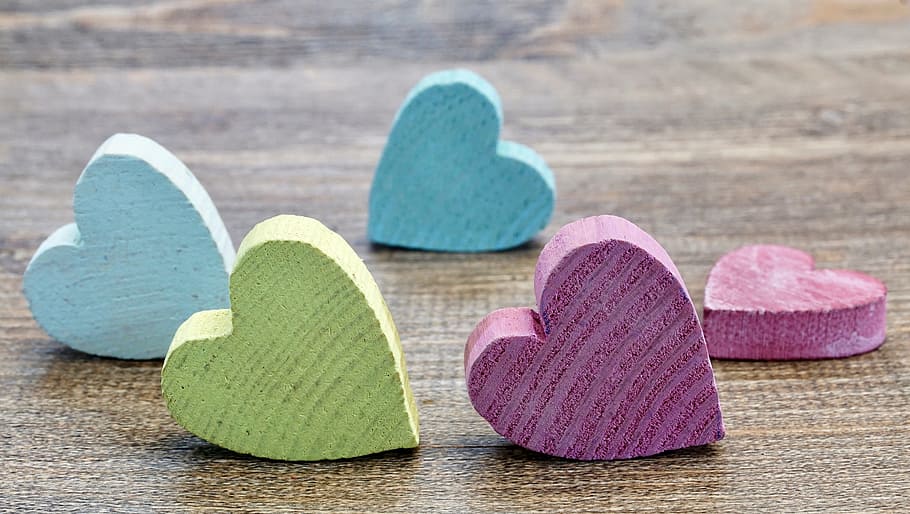 five multicolored heart table decors, bright, ease, close, colorful HD wallpaper