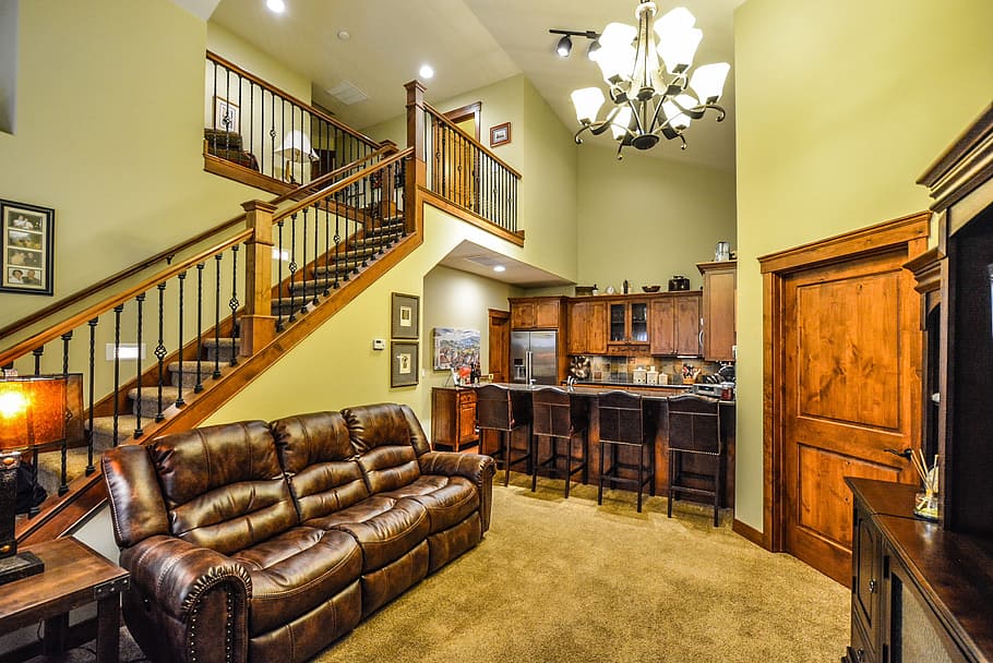 brown leather reclining sofa beside staircase in a room, interior, HD wallpaper