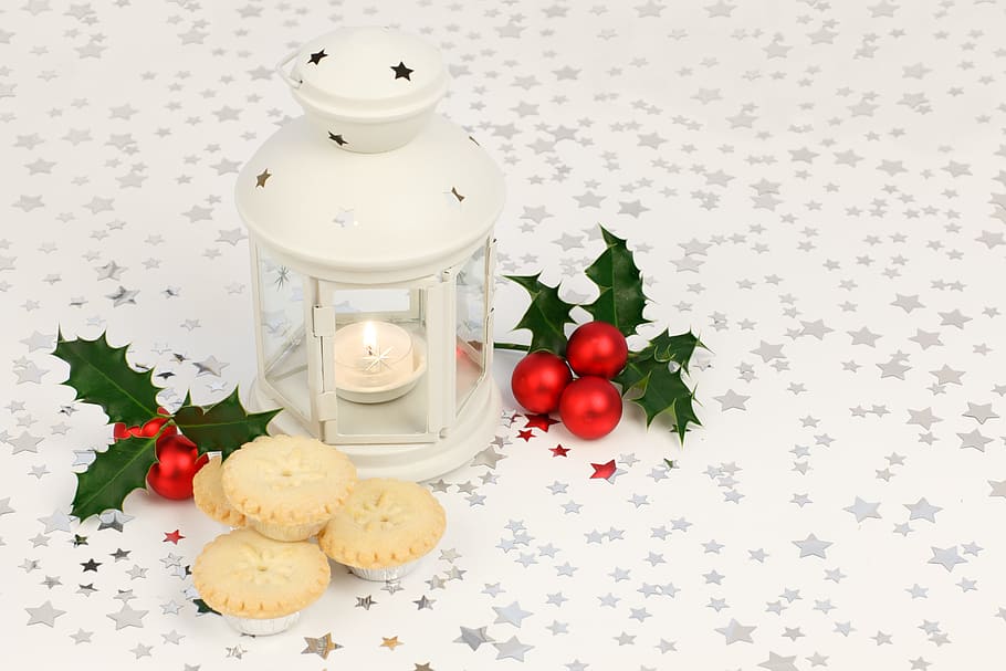 white candle lantern near the chrysanthemum and cookies, tealight, HD wallpaper