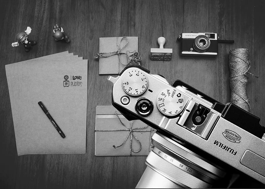 grayscale photography of Fujifilm camera, desktop, stationary HD wallpaper