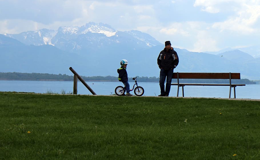 father, son, personal, wait, bench, bank, mountains, water, HD wallpaper