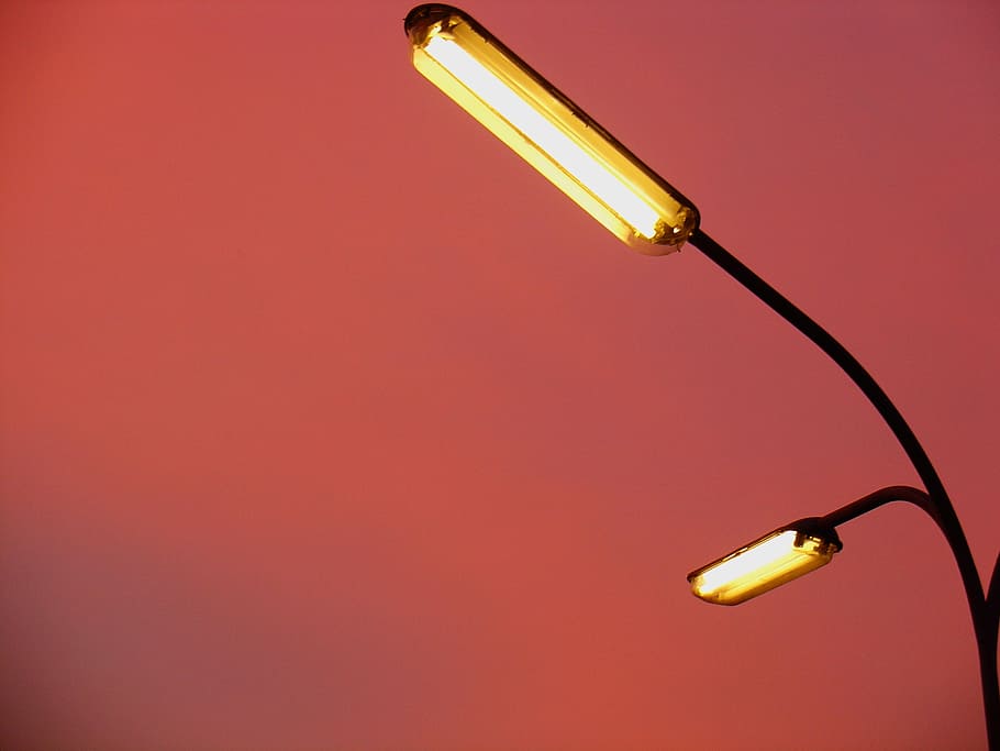 black and yellow lights, sky, sunset, red, at dusk, sunrise HD wallpaper