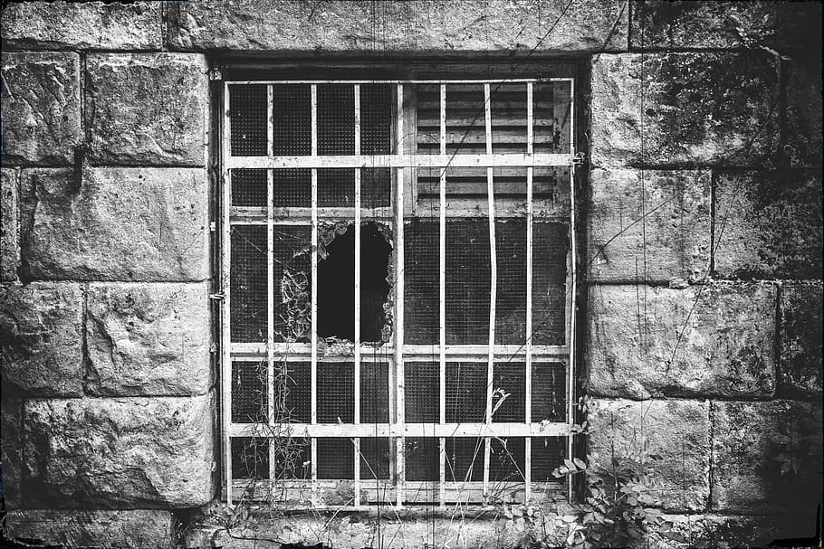 grayscale photo of window grill and wrecked window screen, lost places HD wallpaper