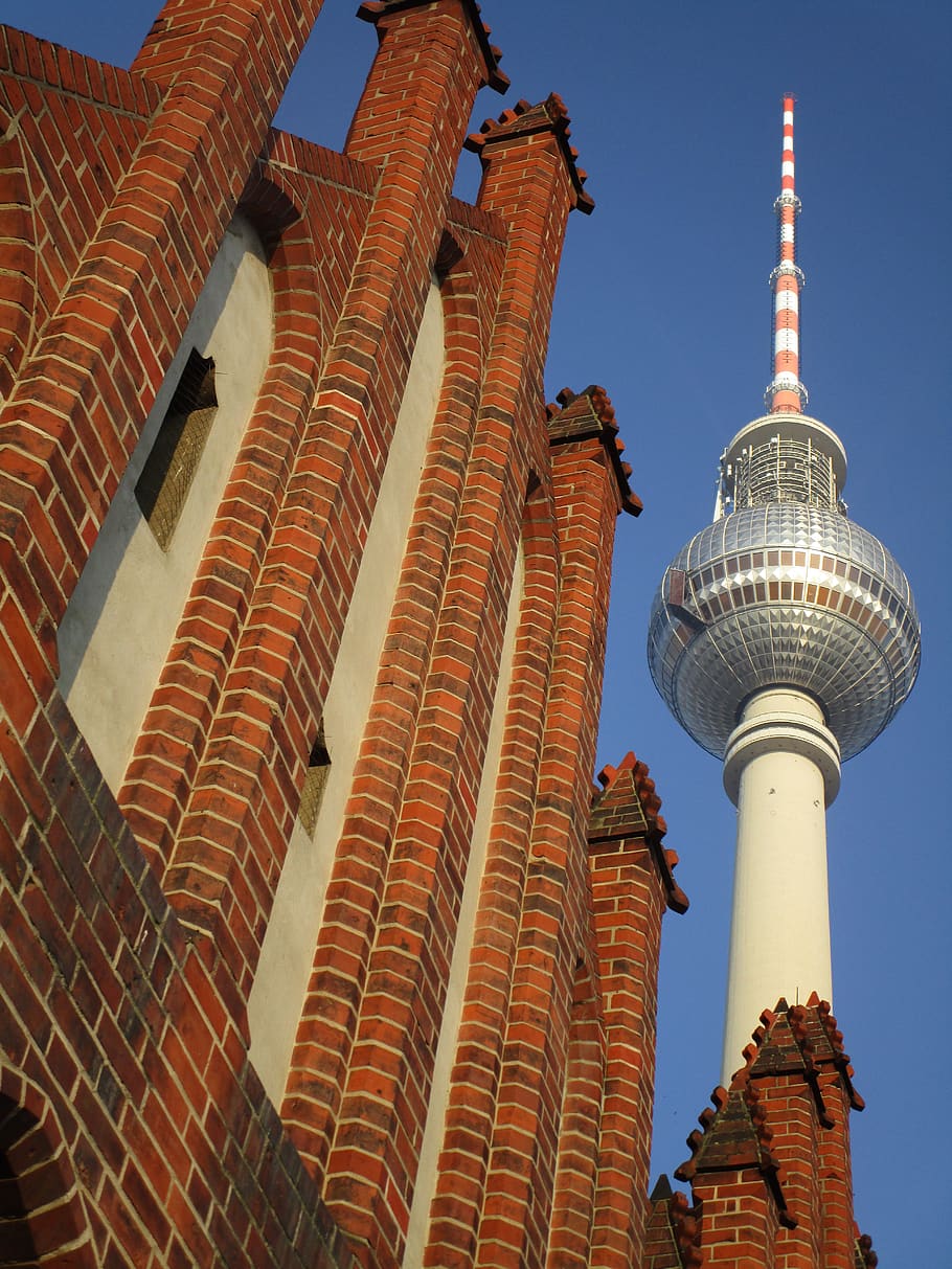tv tower, st mary's church, berlin, capital, alexanderplatz, HD wallpaper