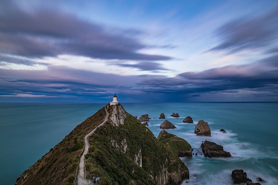 road to lighthouse, white lighthouse on top of mountain, sky HD wallpaper