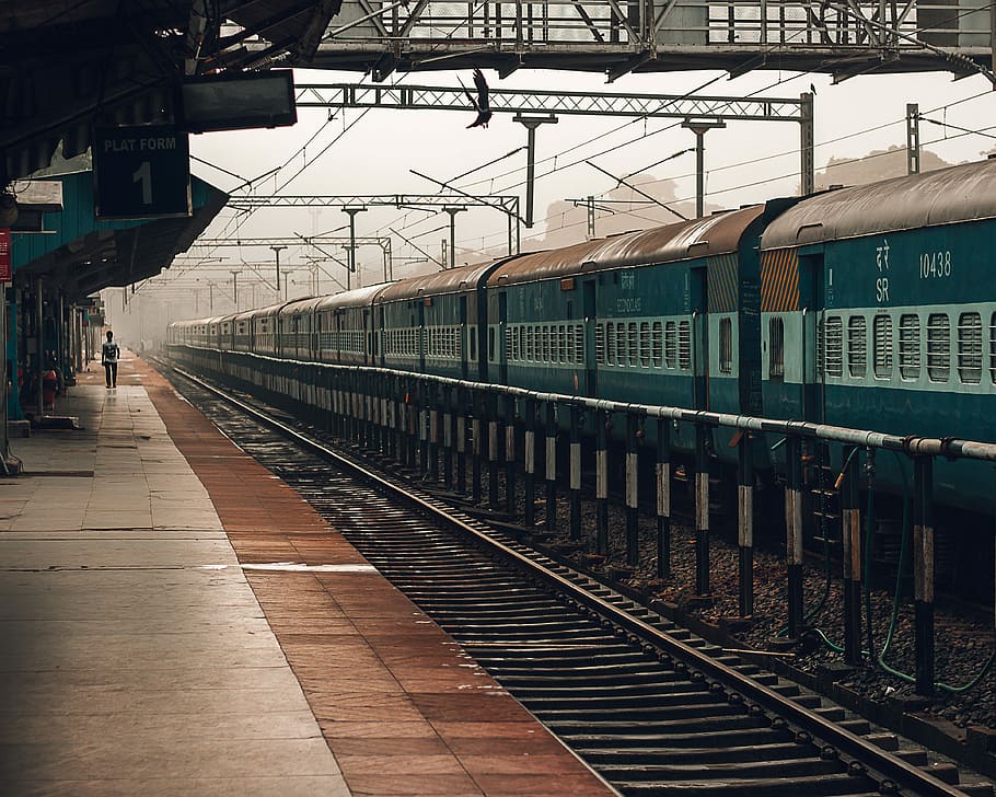 blue train near station, track, platform, mist, rail transportation HD wallpaper