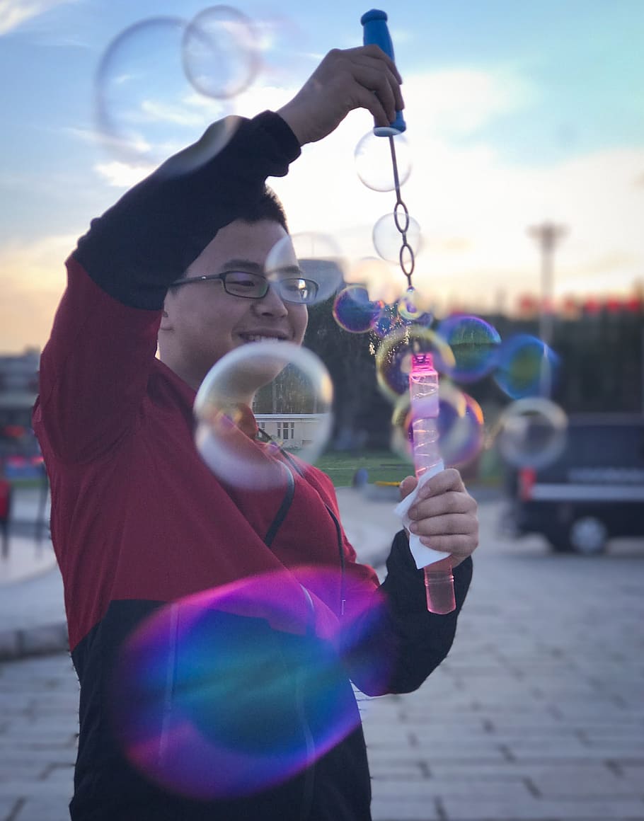 bubble, square, character, holding, one person, real people HD wallpaper