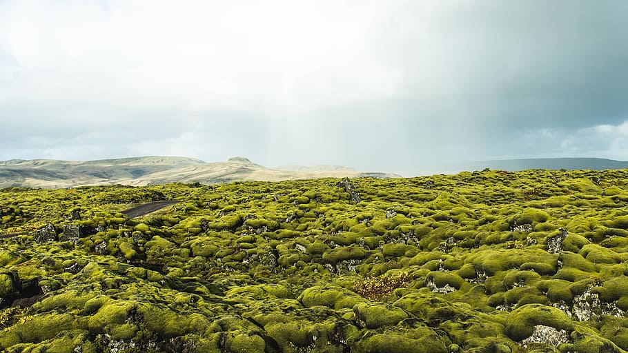 mountain, green, moss, rocks, highland, nature, sky, clouds HD wallpaper